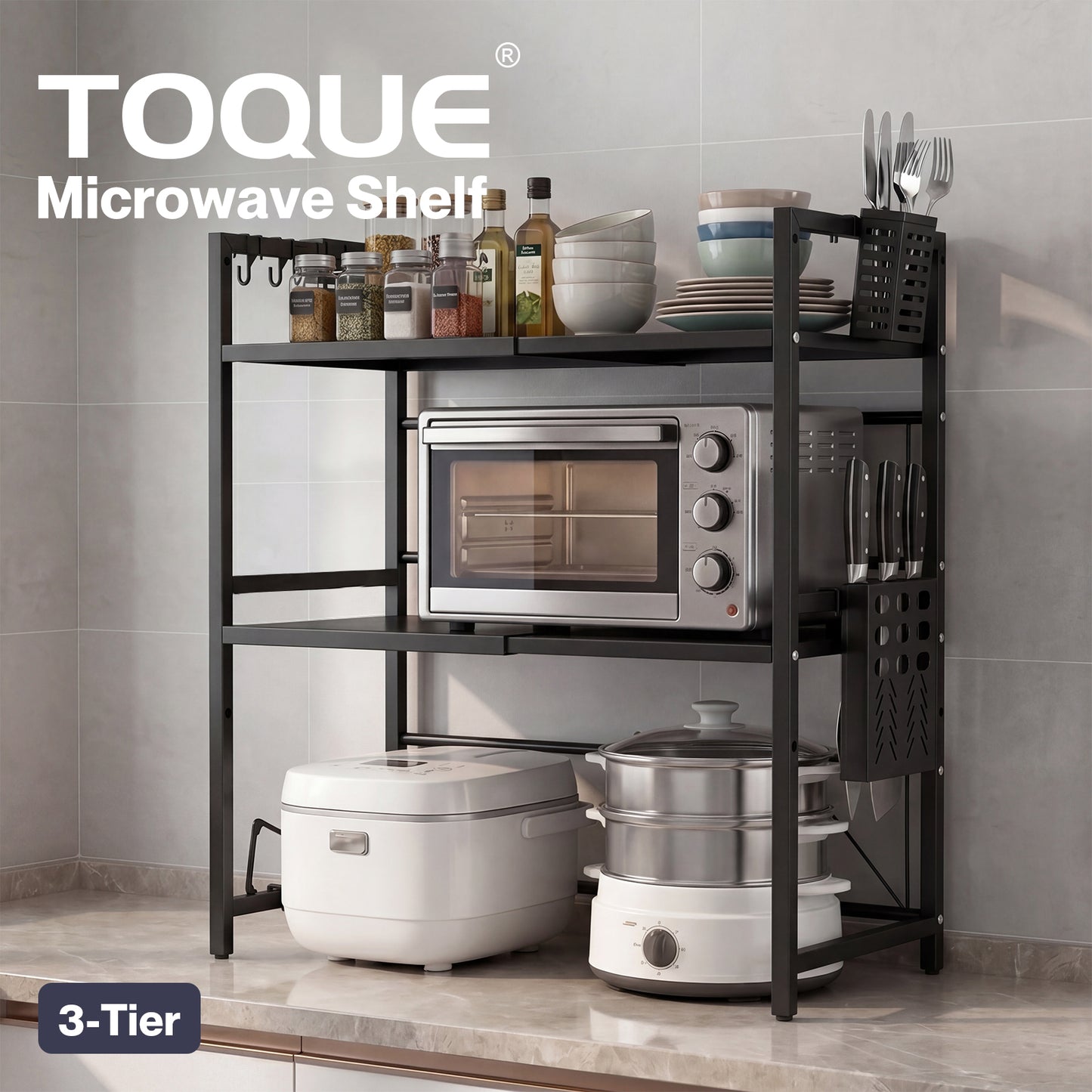 TOQUE 3 Tier Expandable Microwave Oven Rack Stand Kitchen Storage Shelf Black
