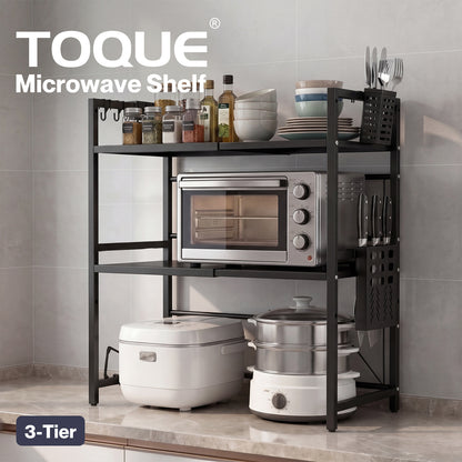 TOQUE 3 Tier Expandable Microwave Oven Rack Stand Kitchen Storage Shelf Black