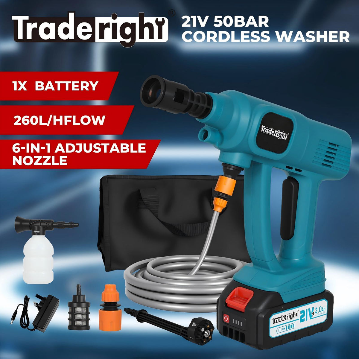 Traderight Cordless Portable Pressure Washer 50Bar 260L/H Spray Gun Car Cleaner
