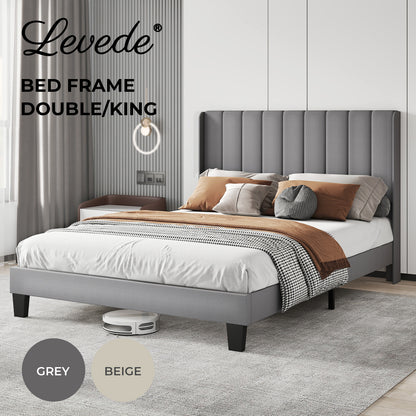Levede Bed Frame Double King Metal Wood Winger Panel Soft Upholstered Headboard