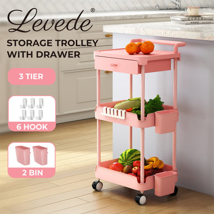 Levede 3 Tier Storage Trolley Cart on Wheels Kitchen Utility Rolling Rack Shelf