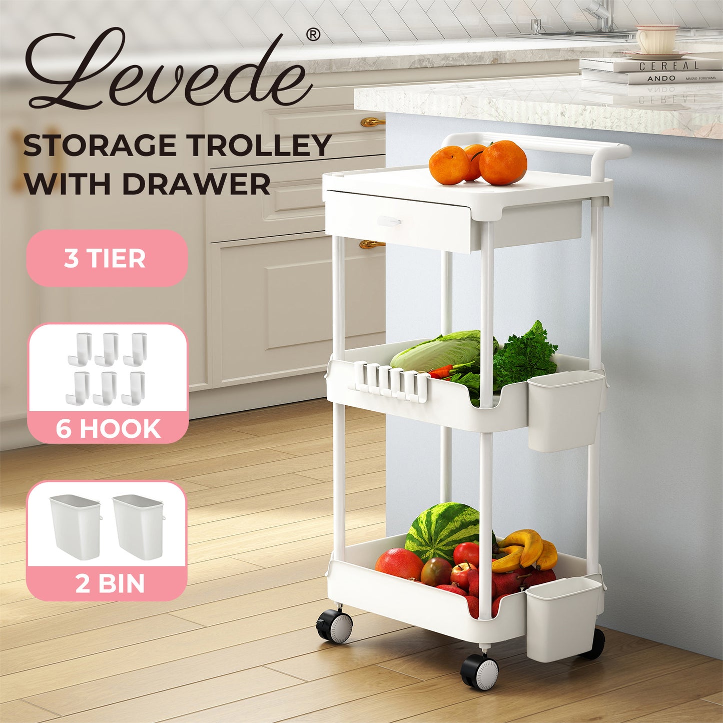 Levede 3 Tier Kitchen Trolley Cart on Wheels Metal Rolling Storage Island White