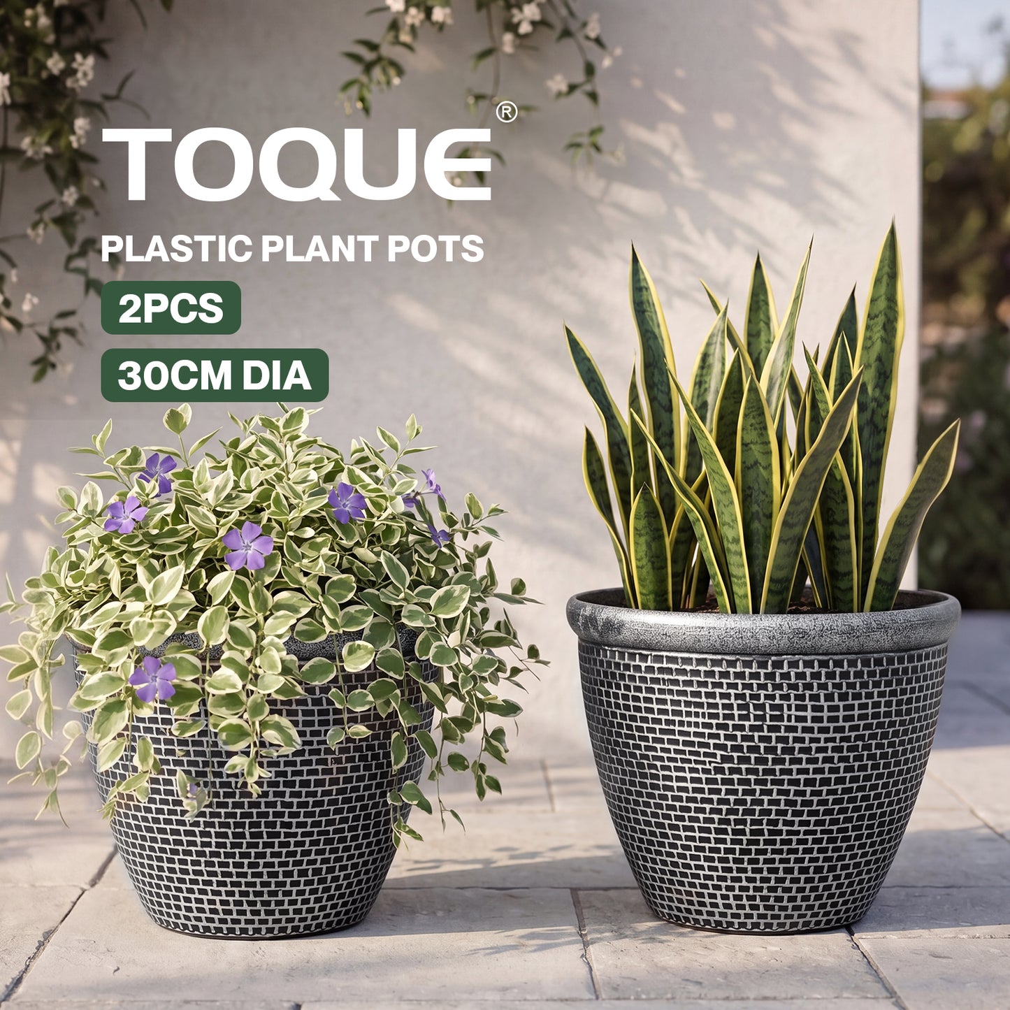 TOQUE 2PCS Plastic Garden Plant Pots 30cm Round Outdoor Planters Drainage Holes