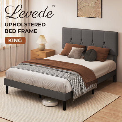 Levede Bed Frame Upholstered Linen Fabric Wooden Slats with Headboard King Size