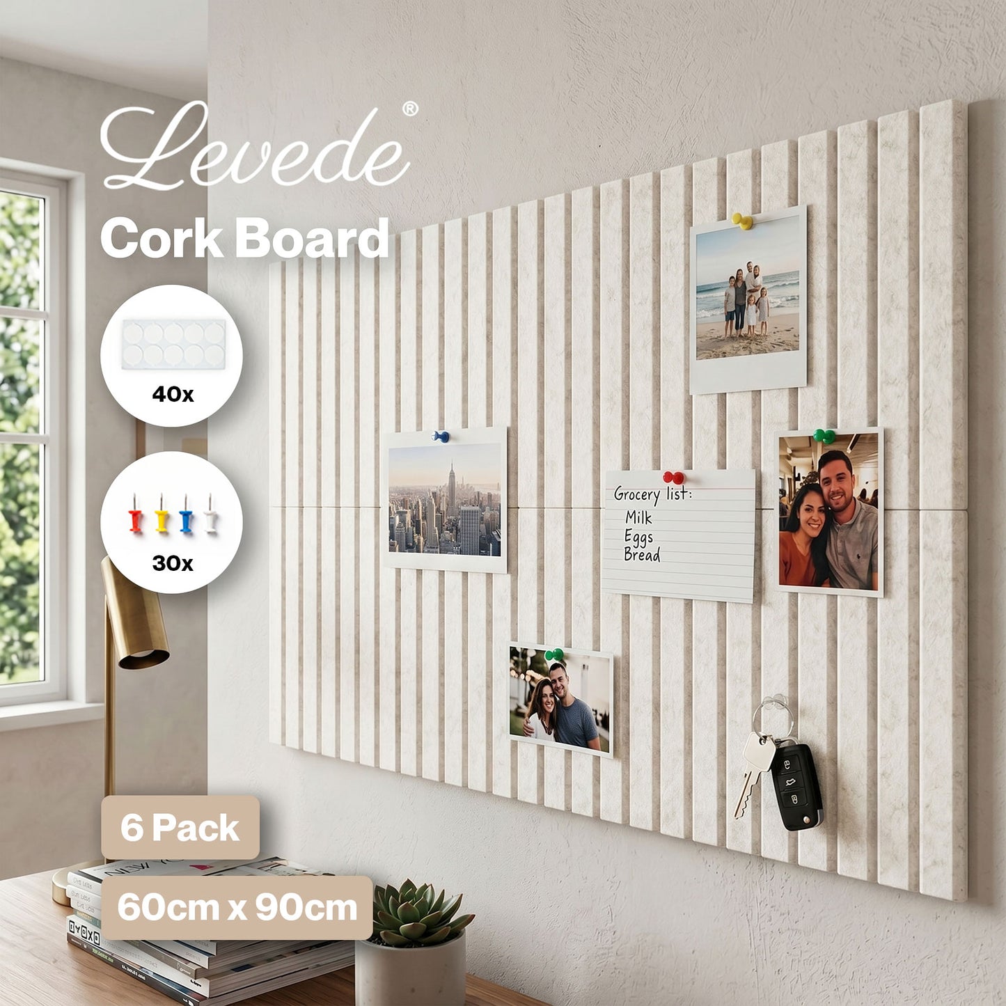 Levede Felt Notice Board 6 Pack Wall Tiles Pin Board Self Adhesive Beige 30x30cm