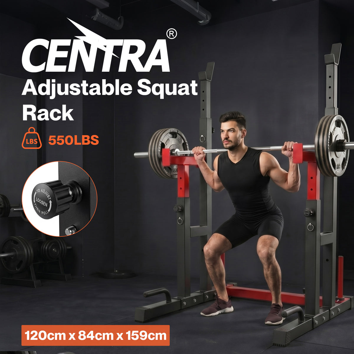 Centra Squat Rack Power Rack Heavy Duty 250KG Adjustable Bench Press Stand Black
