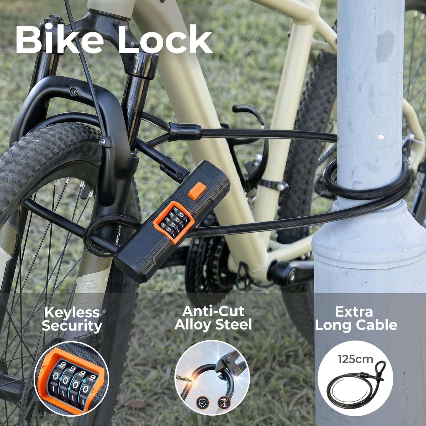 Bike Lock Combination D Lock with Cable 4 Digit Alloy Steel Black Orange