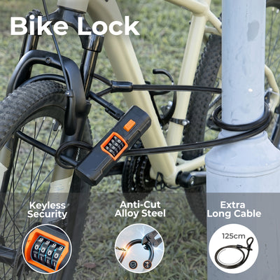 Bike Lock Combination D Lock with Cable 4 Digit Alloy Steel Black Orange