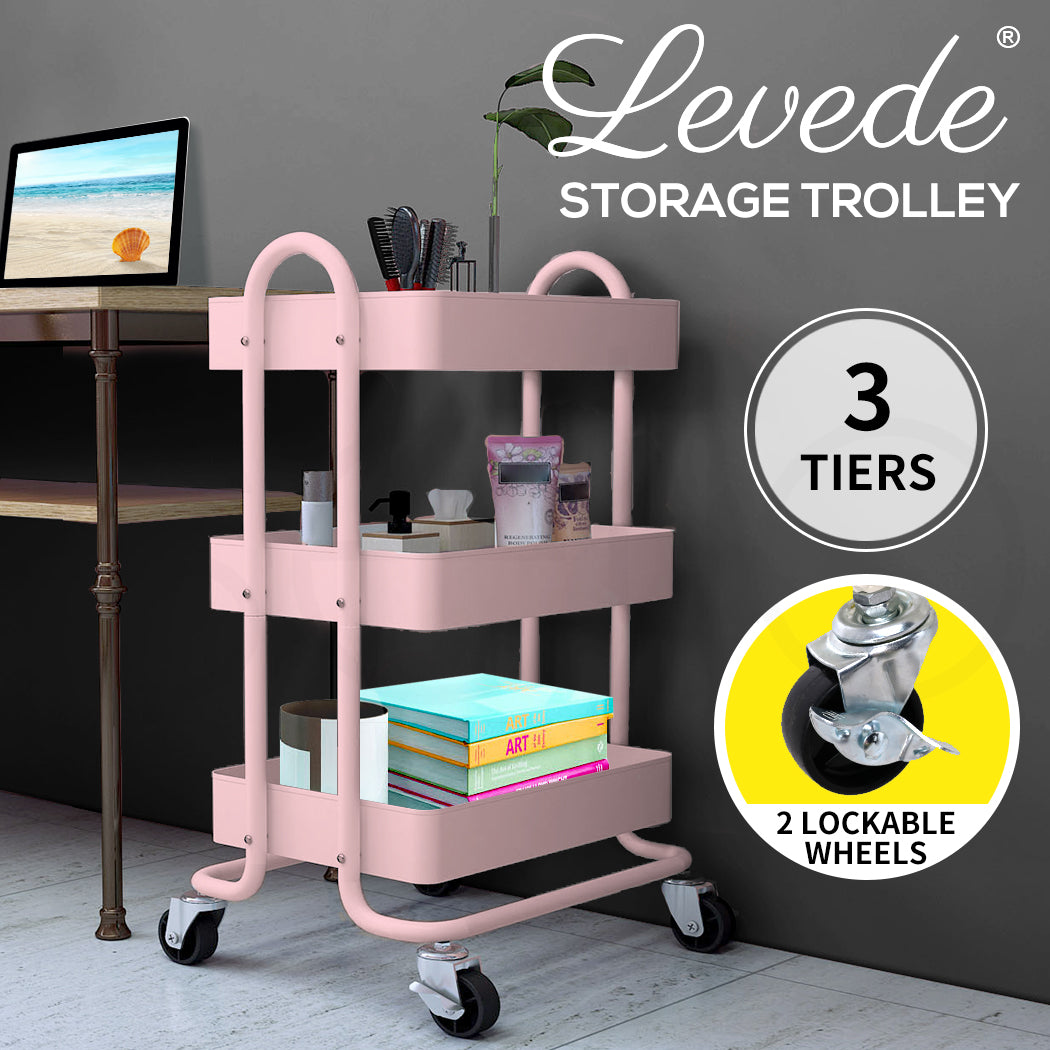 Levede 3 Tiers Kitchen Trolley Cart Steel Storage Rack Shelf Organiser Pink