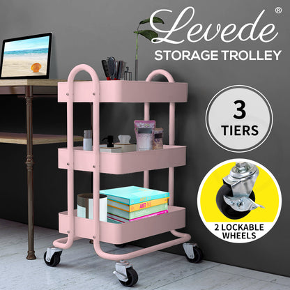 Levede 3 Tiers Kitchen Trolley Cart Steel Storage Rack Shelf Organiser Pink