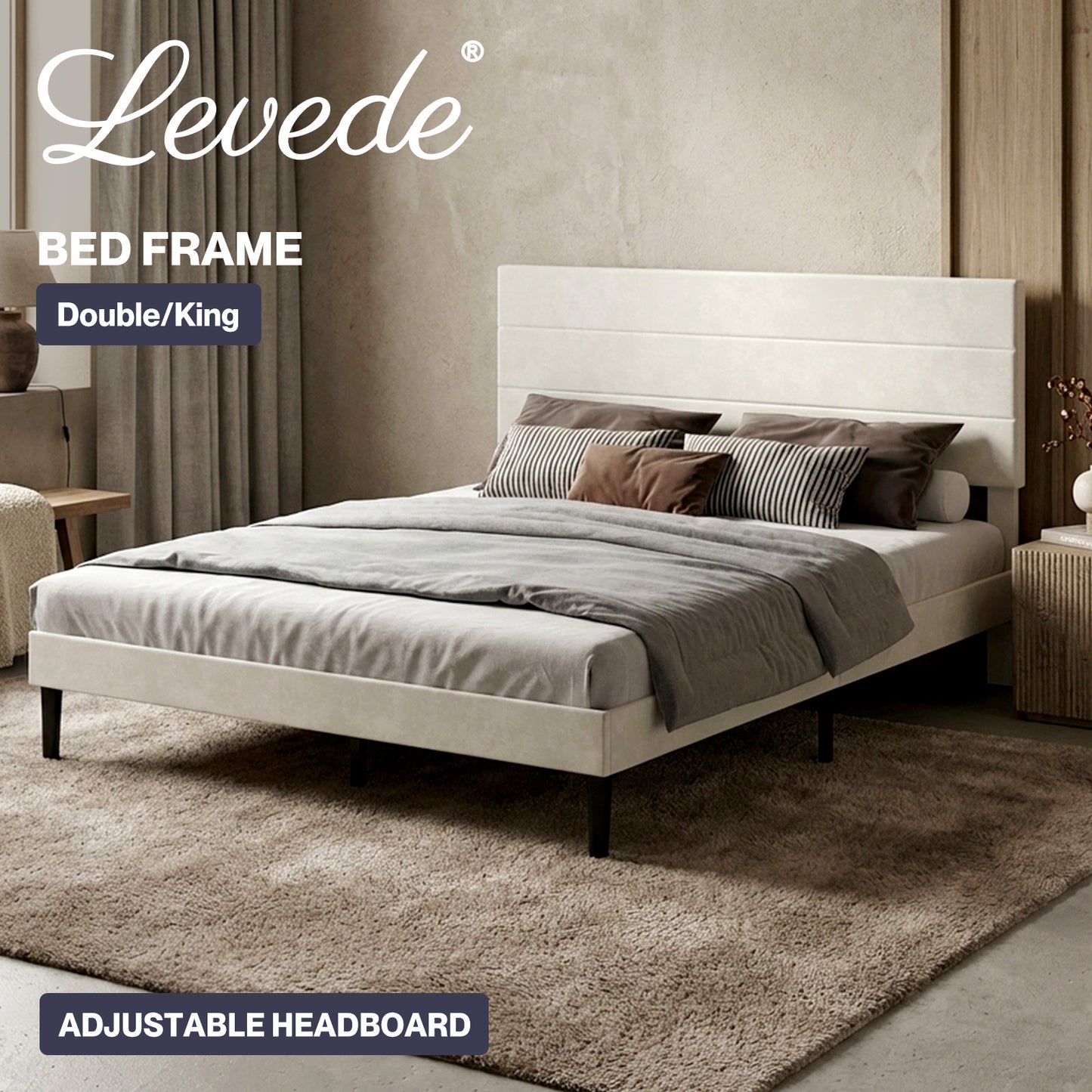 Levede Double Bed Frame Upholstered Headboard Velvet Foam Fabric Slat Support