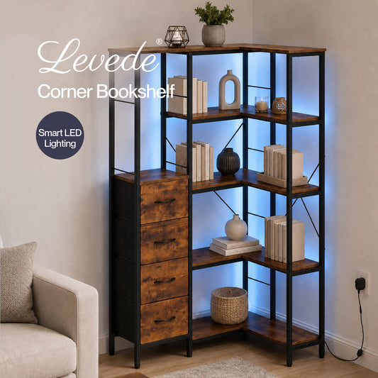 Levede Corner Bookcase with 4 Fabric Drawers & LED Light 5 Tier Bedroom Rustic