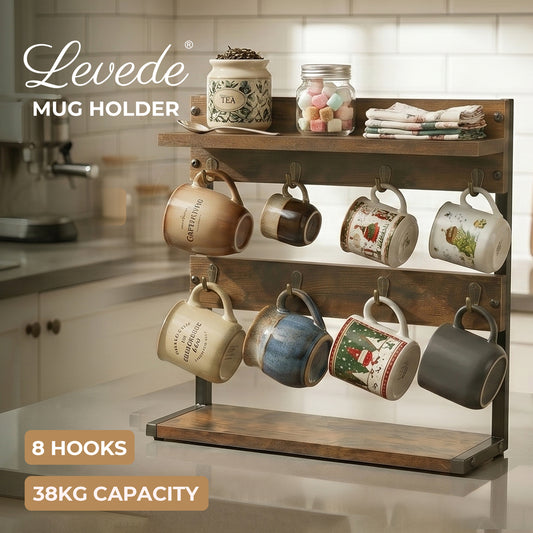 Levede Mug Holder Stand Coffee Cup Rack Storage Organiser 8 Hooks Rustic Brown