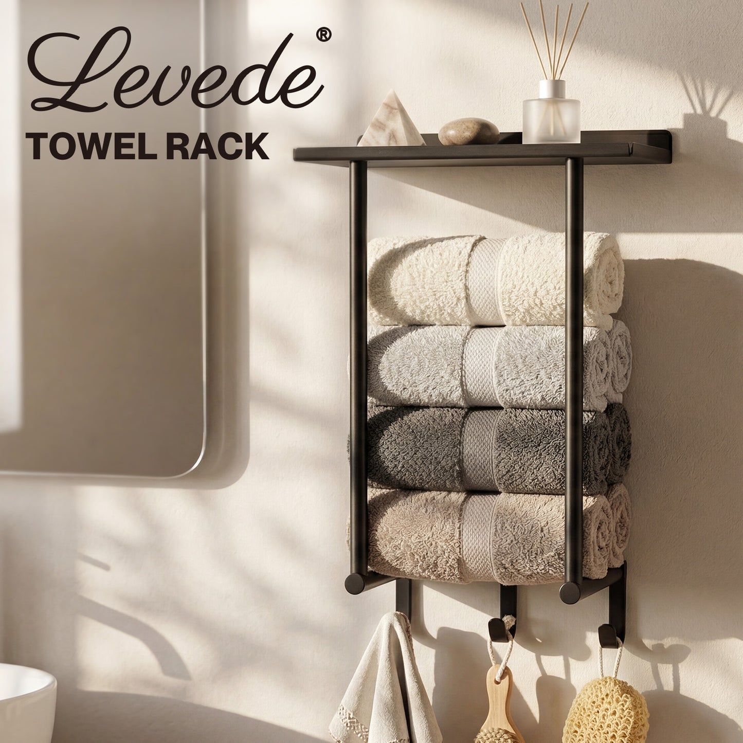 Levede Towel Rack Wall Mounted Shelf Bathroom Storage Holder with Hooks Black
