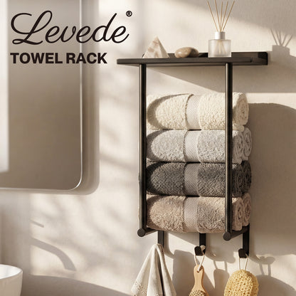 Levede Towel Rack Wall Mounted Shelf Bathroom Storage Holder with Hooks Black