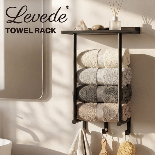 Levede Towel Rack Wall Mounted Shelf Bathroom Storage Holder with Hooks Black