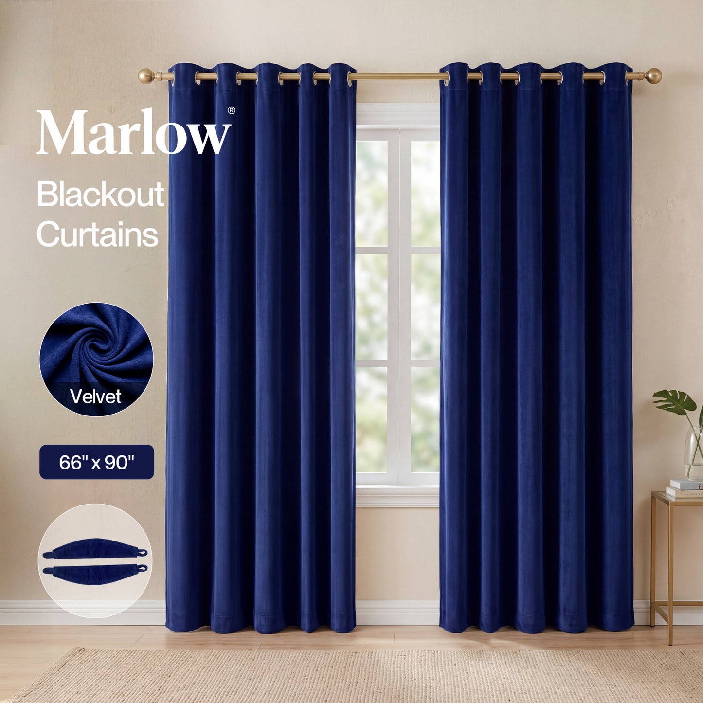 Marlow Thick Thermal Blackout Curtains Velvet 66x90 Inch Eyelet Ring Top Blue