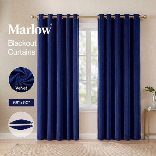 Marlow Thick Thermal Blackout Curtains Velvet 66x90 Inch Eyelet Ring Top Blue