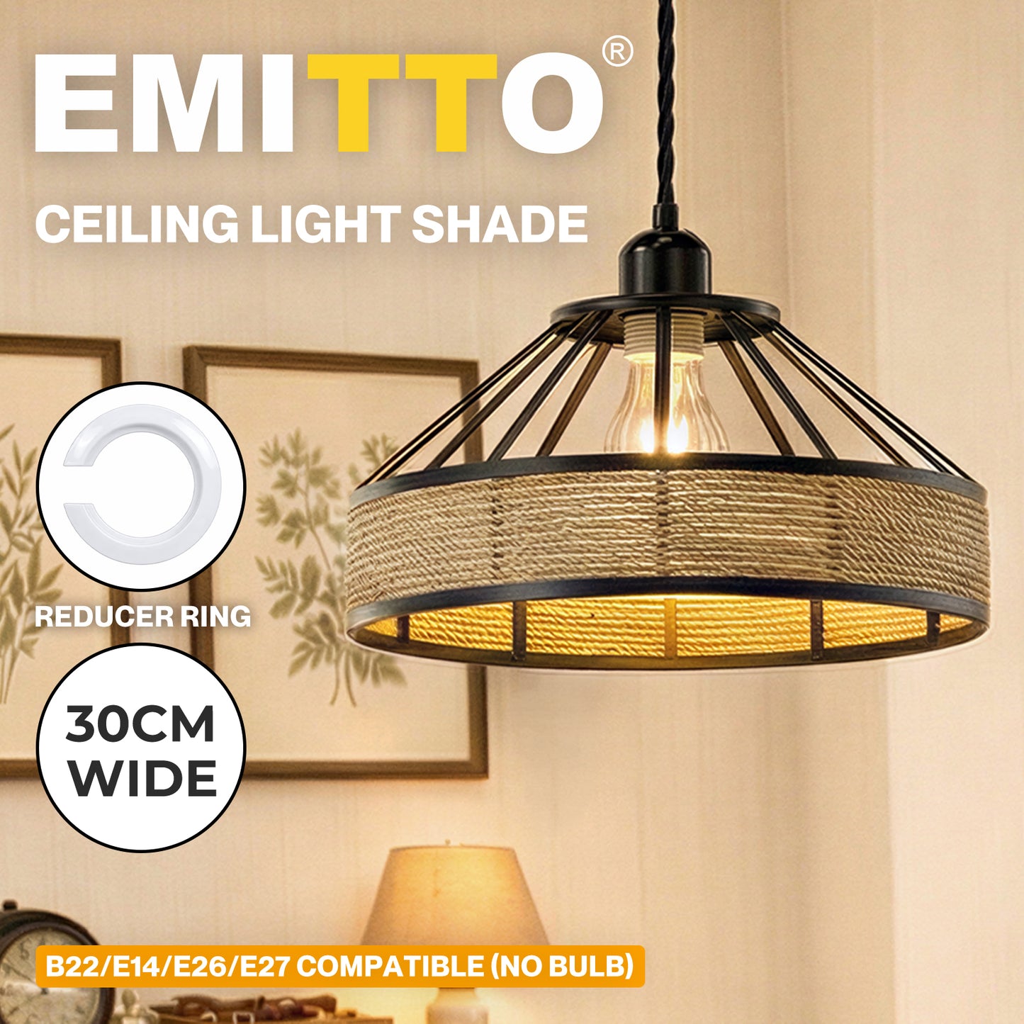 Emitto Modern Ceiling Pendant Light Shade Industrial Hemp Rope Lamp Shade 30cm