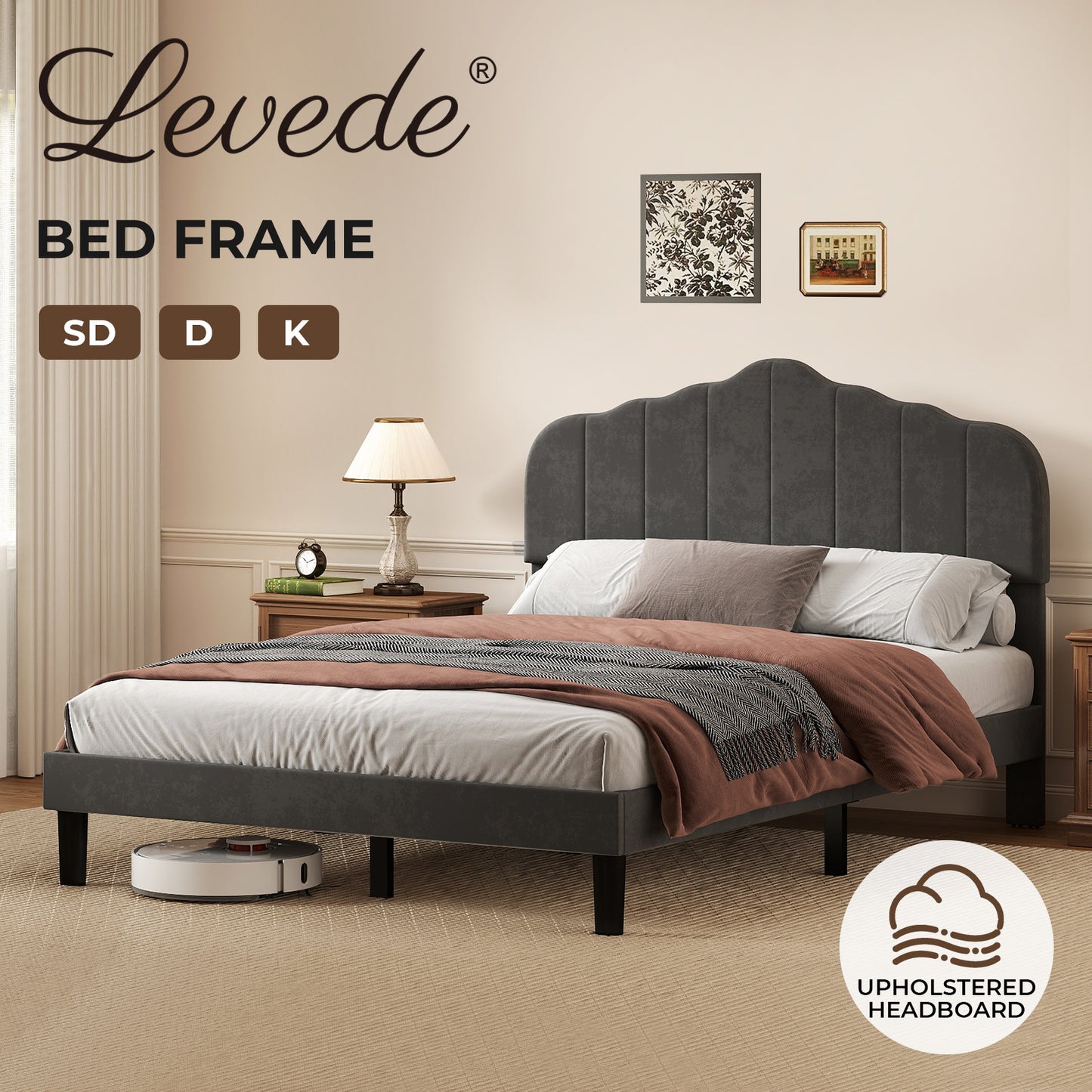 Levede Upholstered Bed Frame Linen Fabric Scalloped Headboard Small Double King