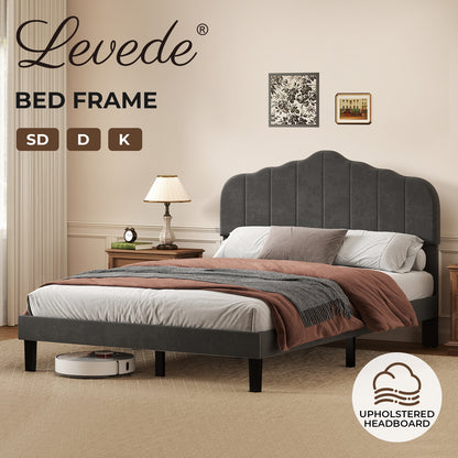 Levede Upholstered Bed Frame Linen Fabric Scalloped Headboard Small Double King