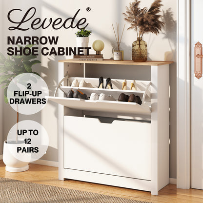 Levede Shoe Cabinet White Narrow Flip Drawers Adjustable Shelves Storage Cabinet