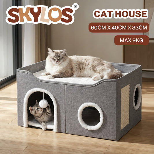 Skylos Cat House 2-Layer Large Soft Cave Cube Fluffy Ball Grey Scratching Board
