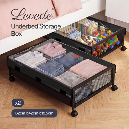 Levede Under Bed Storage Box with Lid Wheels 48L  Metal Frame Black
