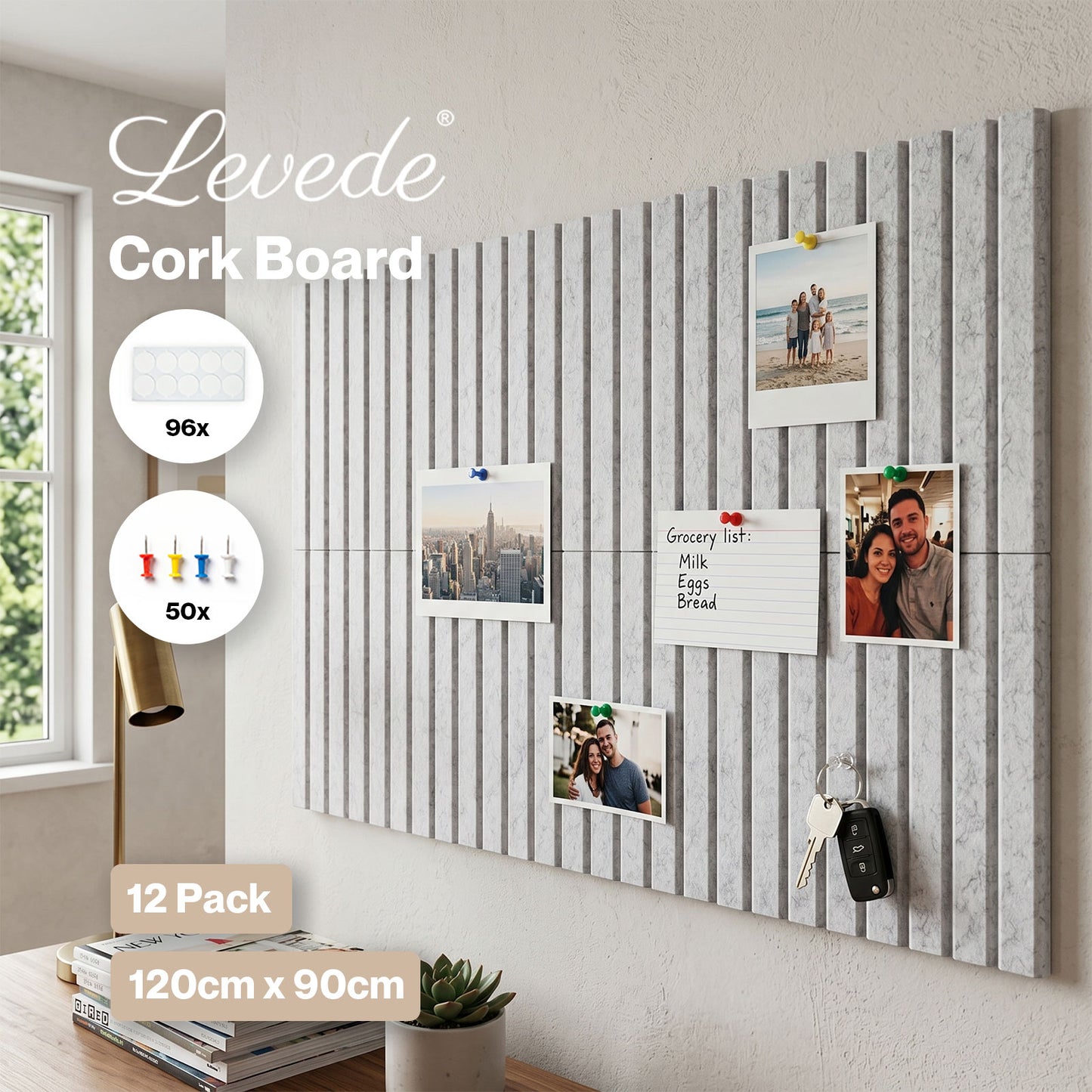 Levede Felt Notice Board 12PCS Wall Tiles Pin Board Self Adhesive Grey 30x30cm