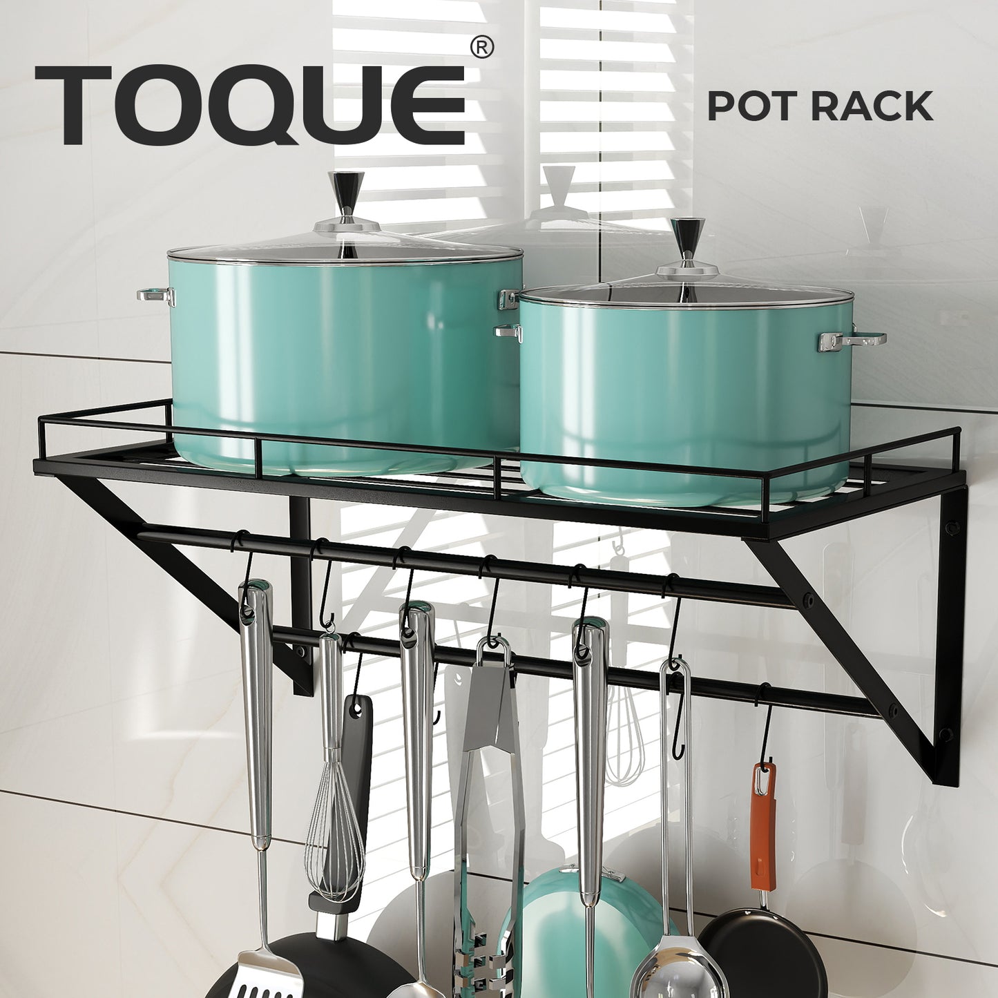 Toque Wall Mounted Pot Pan Rack Multipurpose Utensil Rail Holder Shelf 12 Hooks