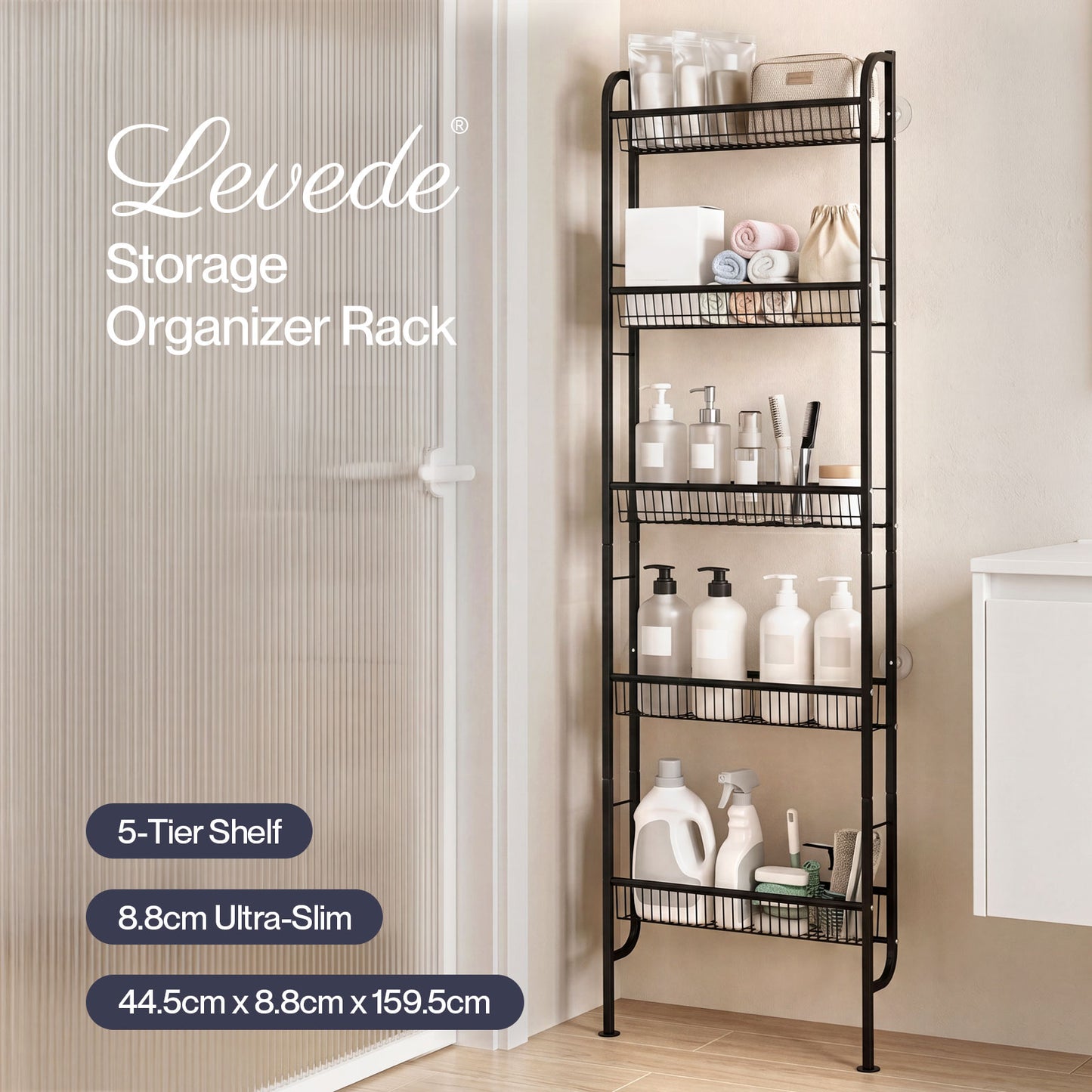 Levede Behind Door Storage Organiser Narrow 5-Tier Bathroom Shelves Steel Black