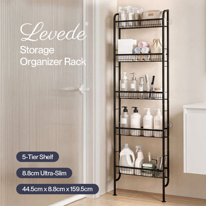 Levede Behind Door Storage Organiser Narrow 5-Tier Bathroom Shelves Steel Black