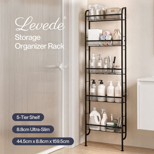 Levede Behind Door Storage Organiser Narrow 5-Tier Bathroom Shelves Steel Black