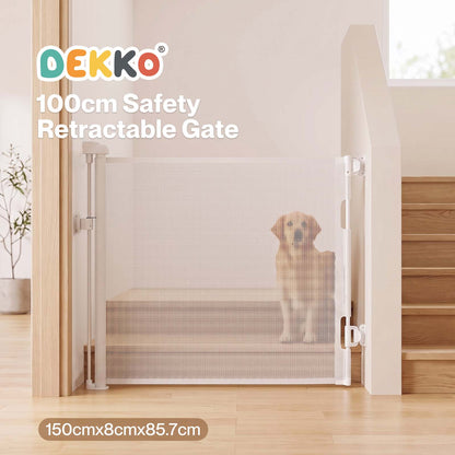 Dekko Retractable Stair Gate One Hand Lock 150cm PVC Mesh For Hallways Grey