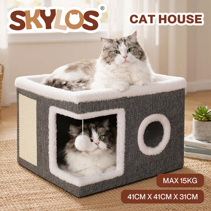 Skylos Cat House Indoor Cat Cave with Scratch Pad Fluffy Ball Pet Bed Foldable