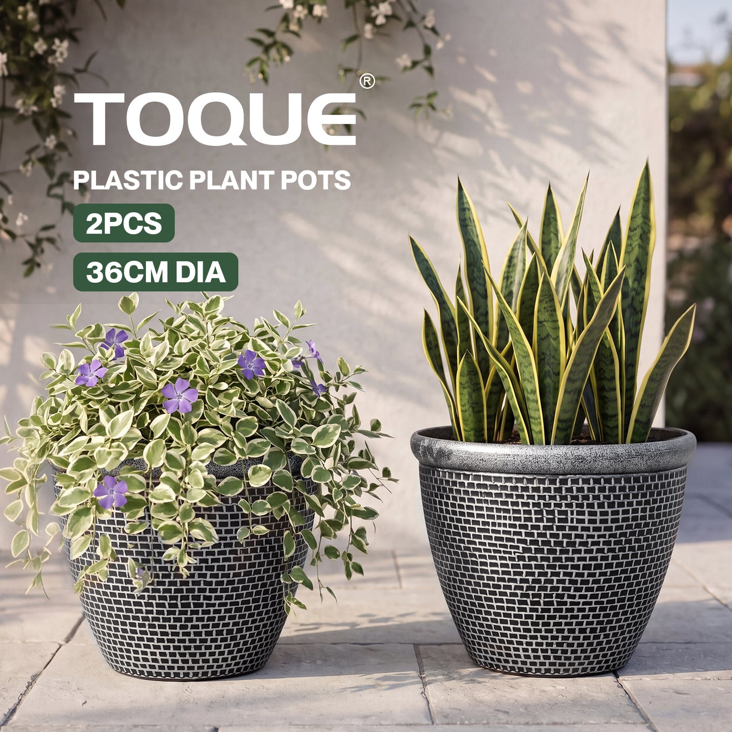 TOQUE 2PCS Plastic Garden Plant Pots 36cm Round Outdoor Planters Drainage Holes