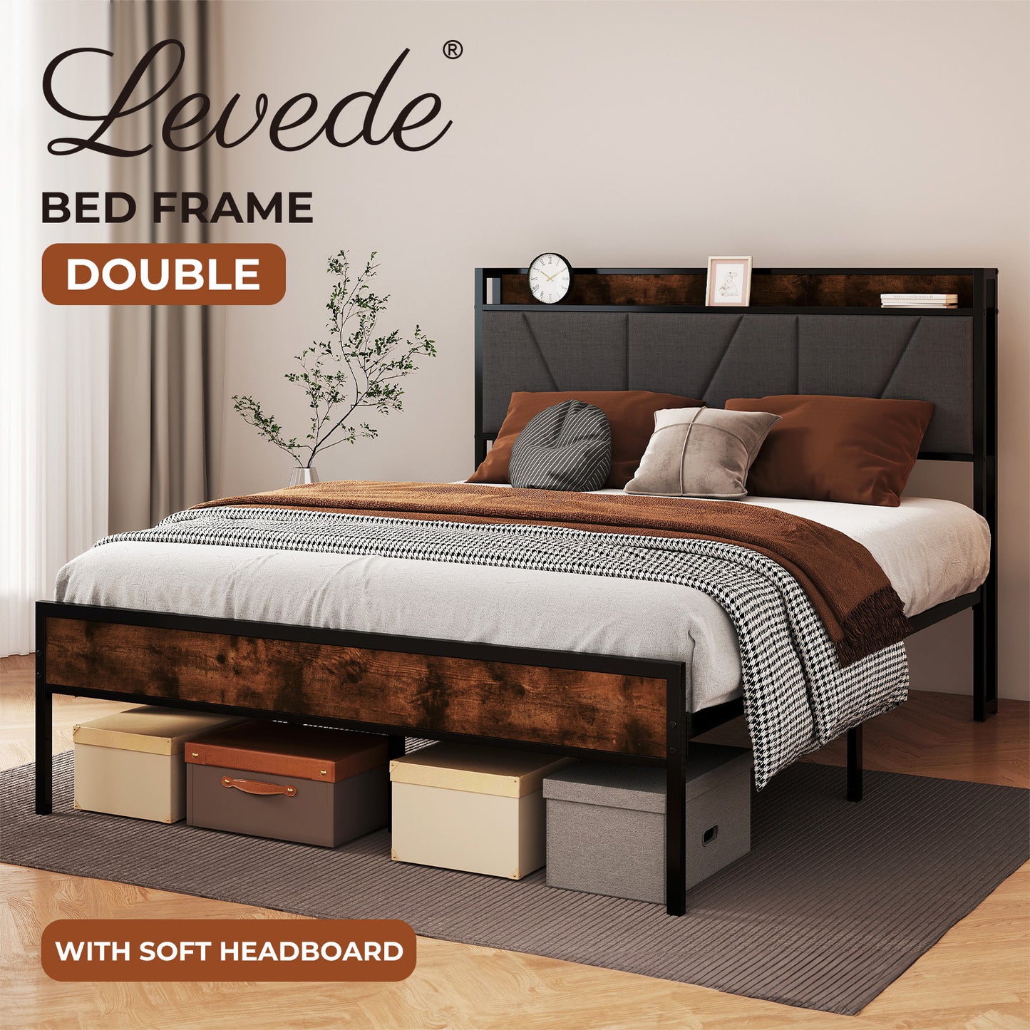 Levede Heavy Duty Double Bed Frame Metal Platform with Storage Headboard 4FT6
