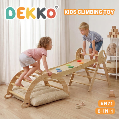 DEKKO 8 in 1 Triangle Climbing Set Kids Wooden Climber with Arch Slide Natural