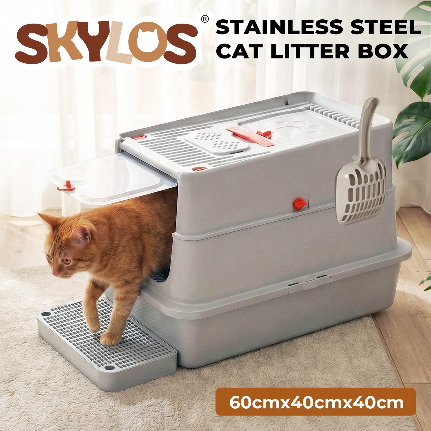 Skylos Stainless Steel Cats Litter Box Hooded High Enclosed Large Kitty Toilet