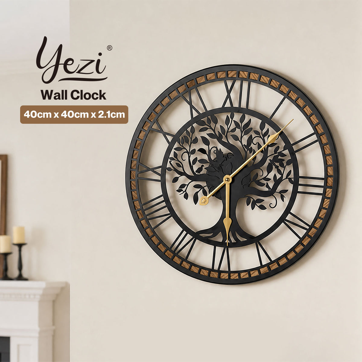 Yezi Wall Clock Silent Quartz Tree Design 40Cm Large Face For Living Room Black