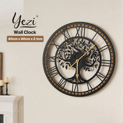 Yezi Wall Clock Silent Quartz Tree Design 40Cm Large Face For Living Room Black
