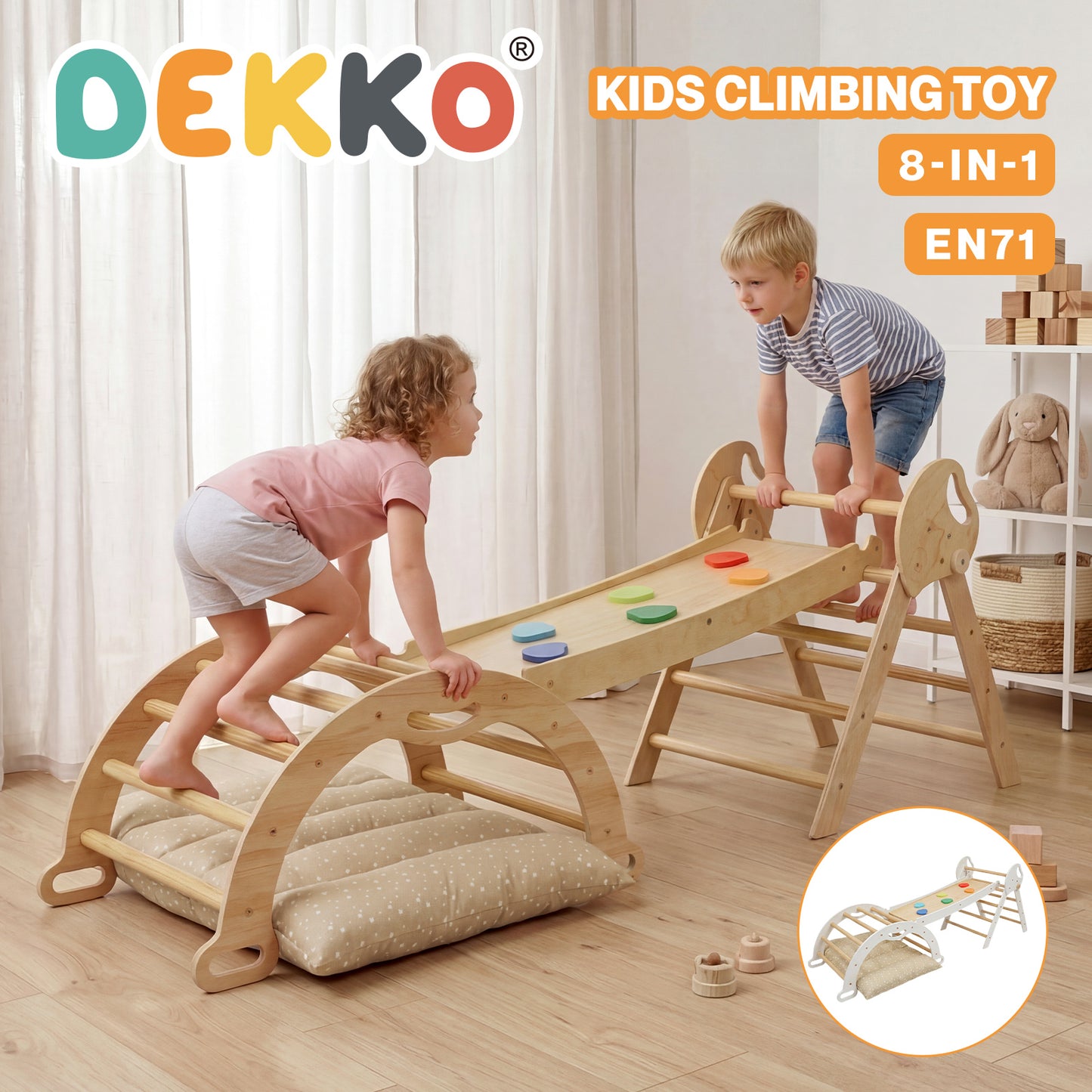 DEKKO 8 in 1 Triangle Climbing Set Kids Wooden Climber with Arch Slide Cushion