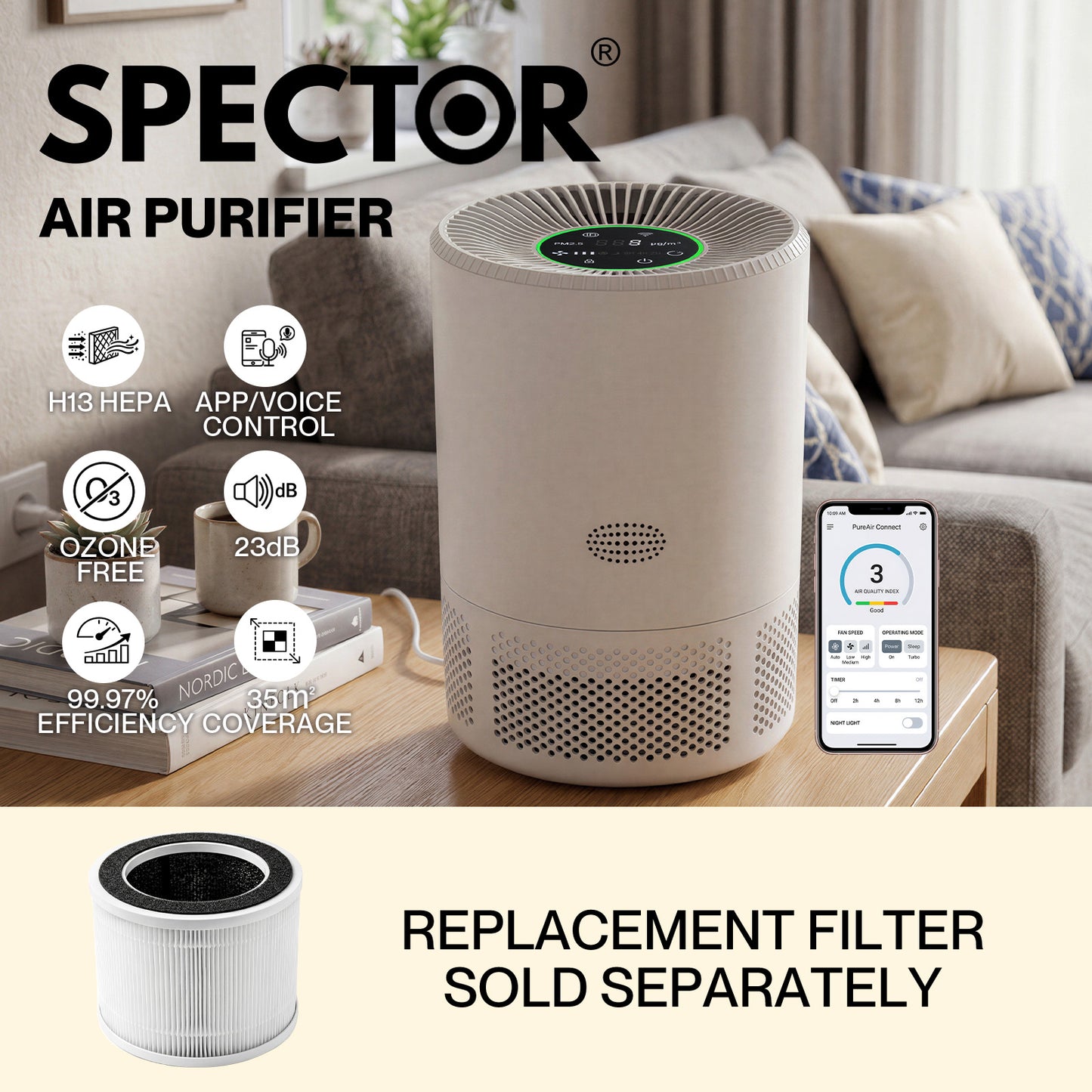 Spector Air Purifier and Filter H13 HEPA Smart Quiet APP Control for Home
