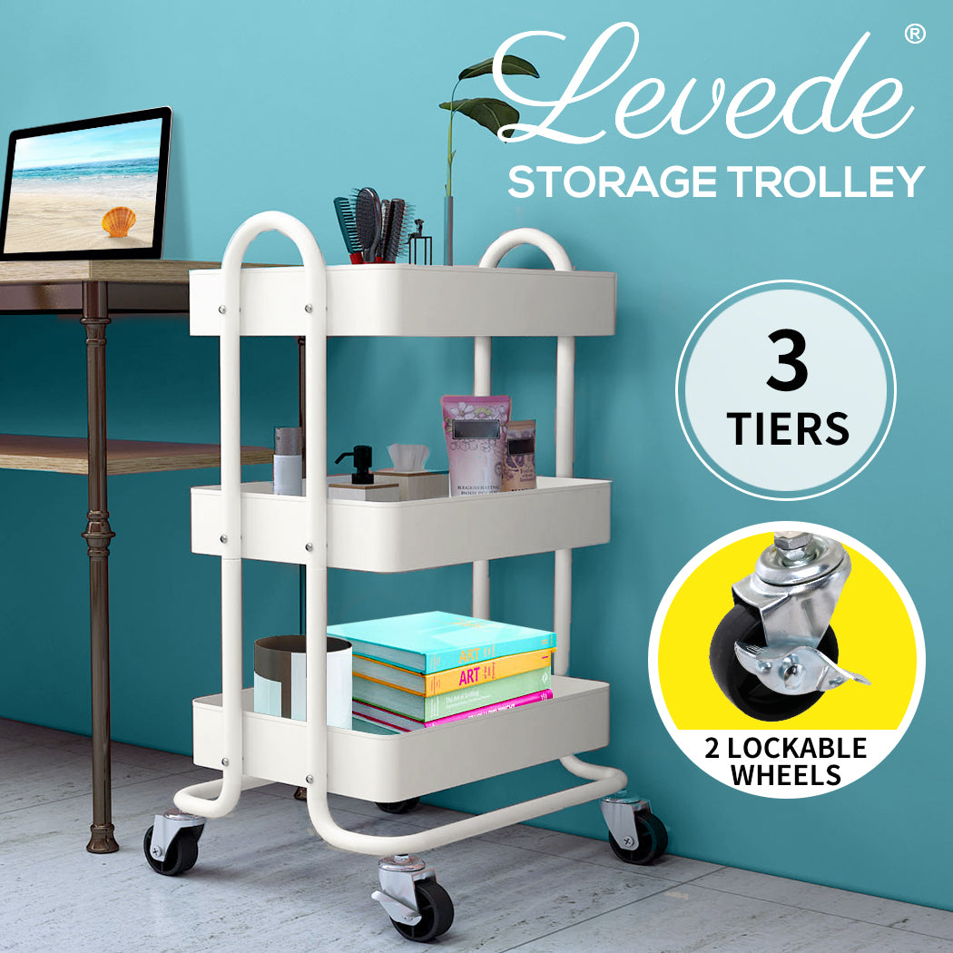 Levede 3 Tiers Kitchen Trolley Cart Steel Storage Rack Shelf Organiser White
