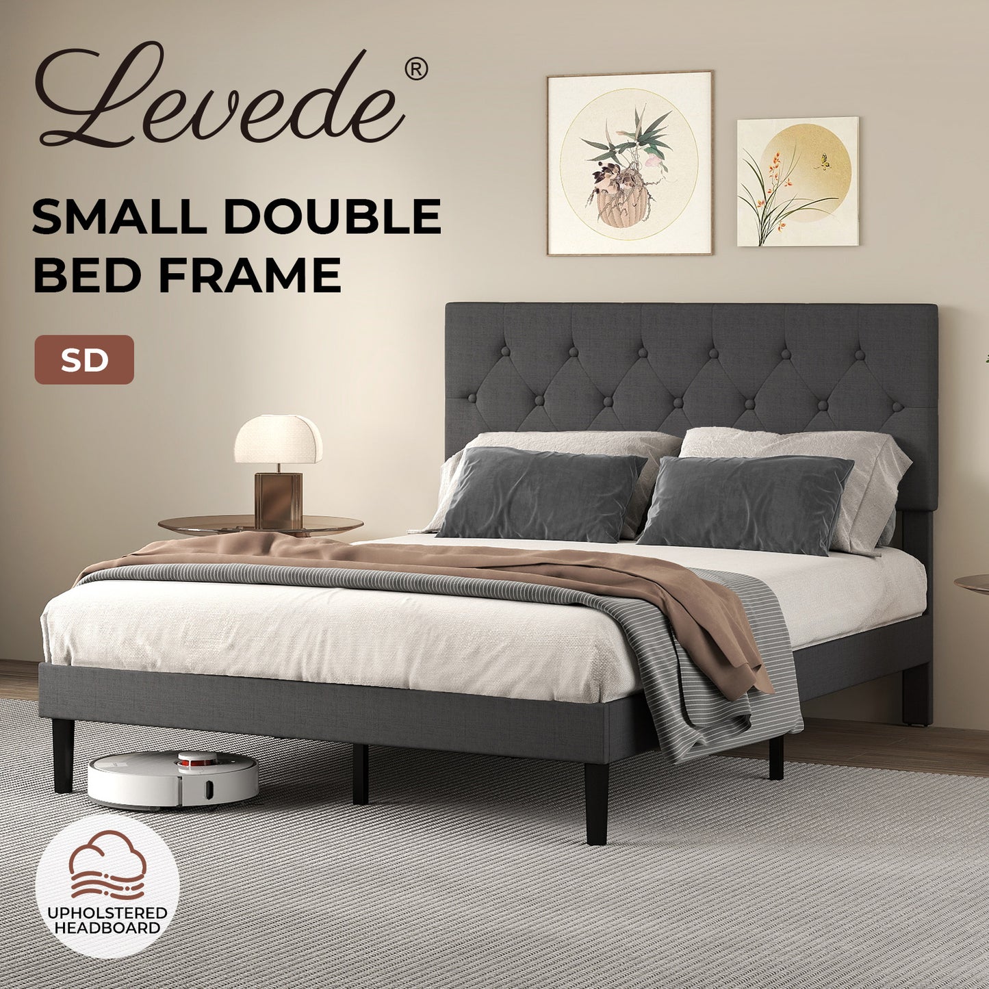 Levede Bed Frame Upholstered Small Double Linen Fabric Soft Foam Headboard Wood