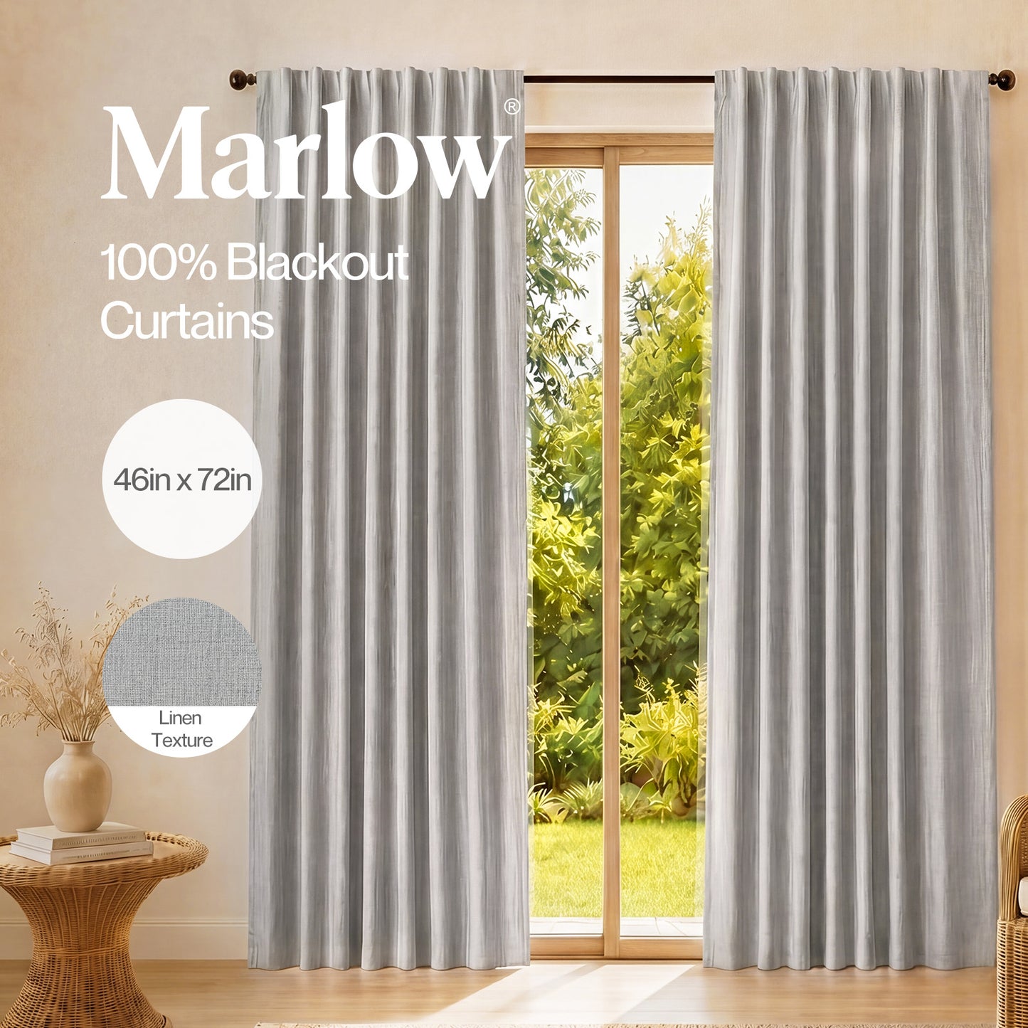 Marlow 100% Blackout Curtains Thermal Linen Look Pair Ready Made 46x72 in Grey
