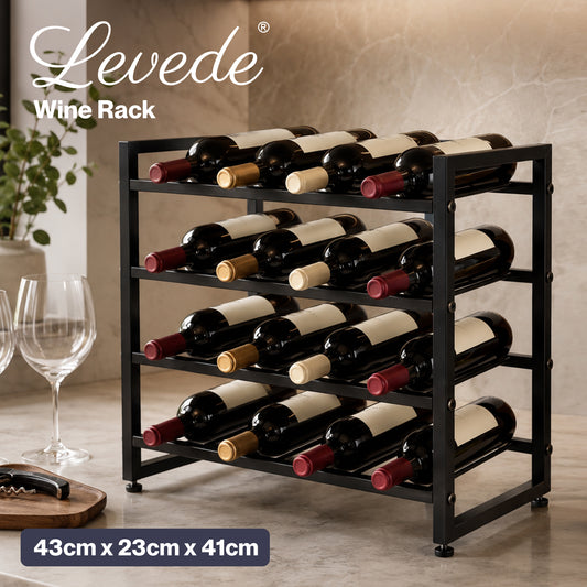 Levede 16 Bottle Wine Rack Countertop Wine Storage Organiser 4 Tier Metal Black