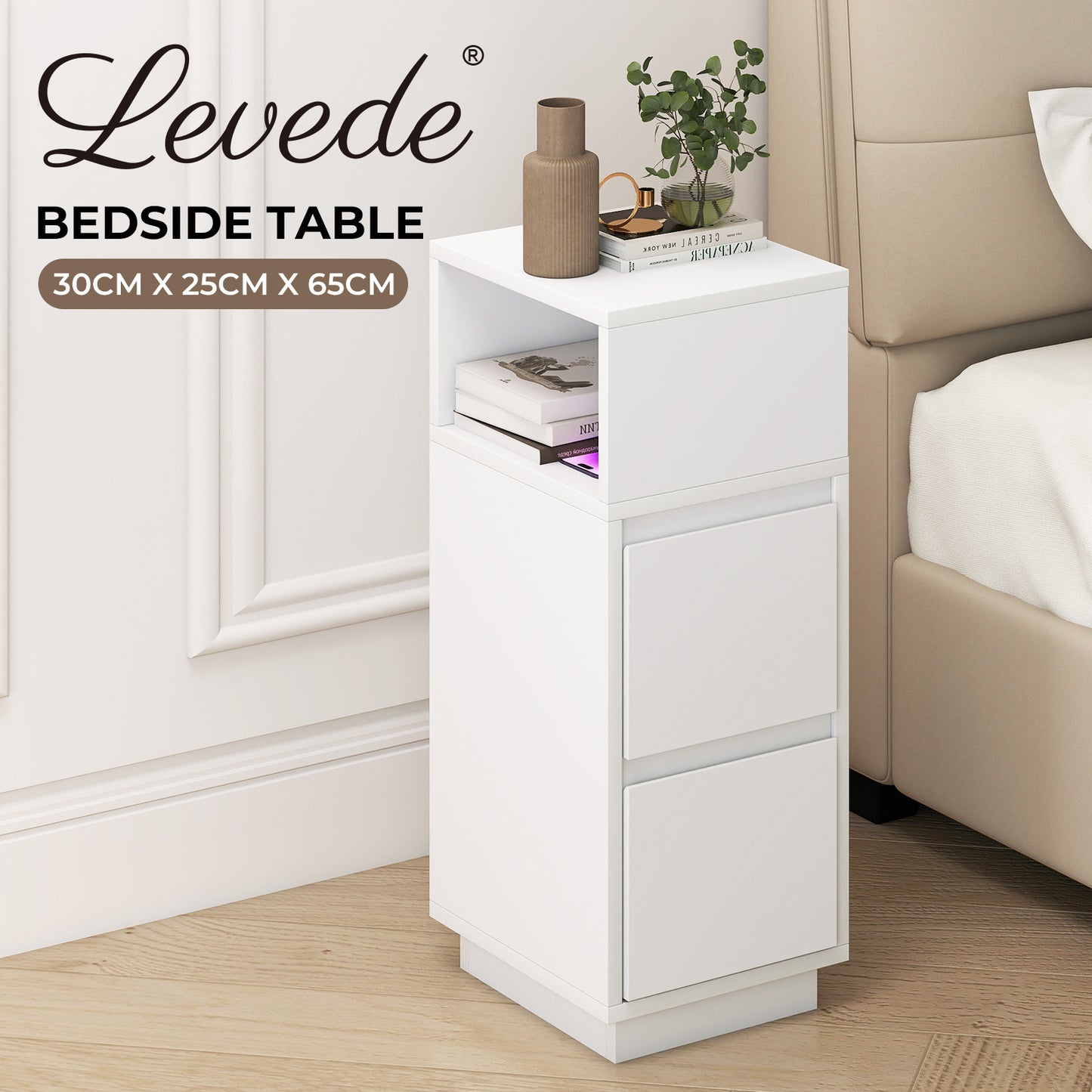 Levede Slim Bedside Table Storage Nightstand with 2 Drawers & Open Shelf White
