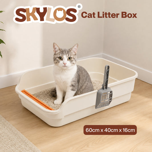 Skylos Cat Litter Tray Spacious High Sided Low Entry Open Pan for Cats Beige