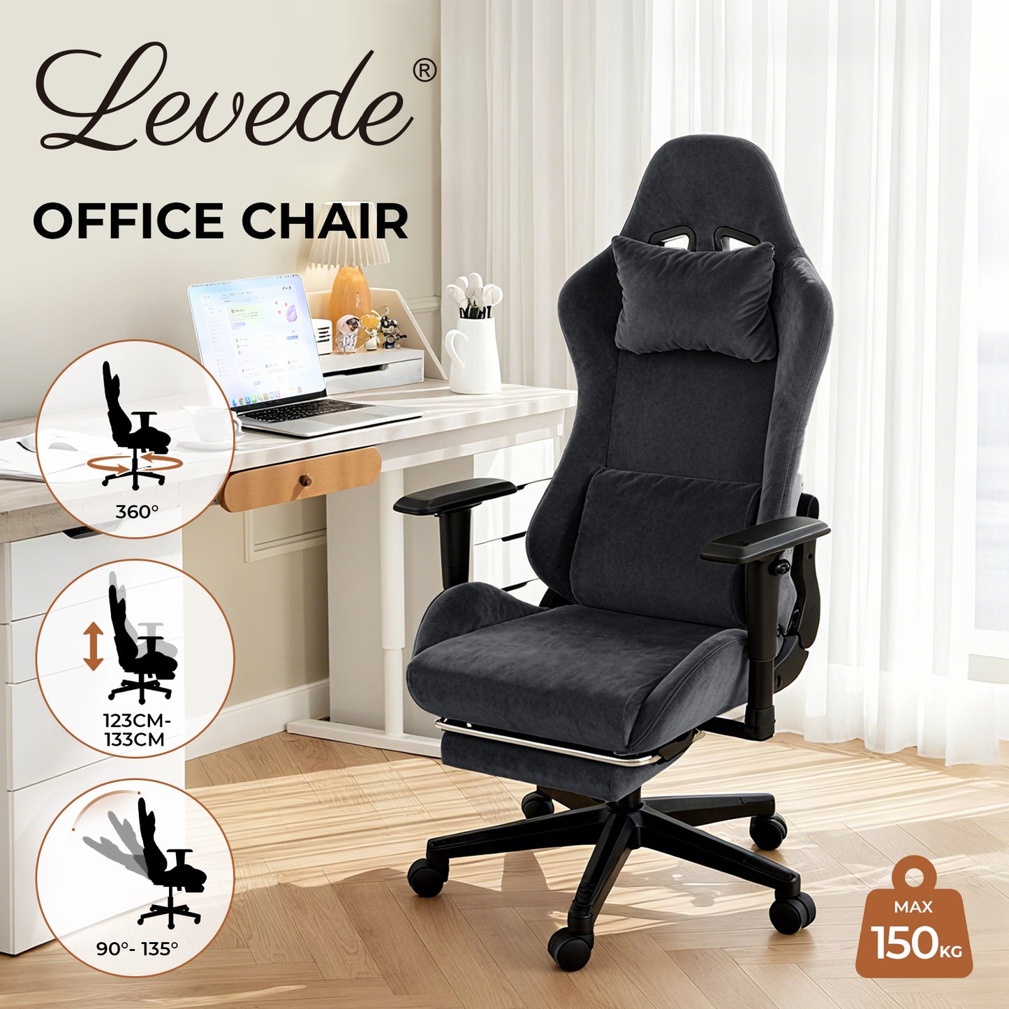 Levede Office Desk Chair Gaming Recliner Adjustable Height with Footrest Black